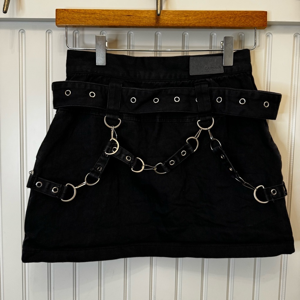 Carmar Black Denim Grunge Skirt W/ Zipper, Chain & Grommet Detail Whimsy Goth 8 - Picture 6 of 8